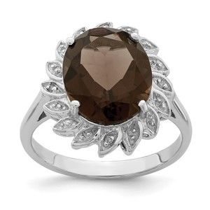 925 Sterling Silver Rhodium Smoky Quartz & Diamond Ring